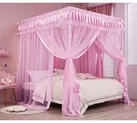 Mengersi Canopy Bed Curtains Queen Size,Bed Canopy for Girls Princess Bed Canopies Drapes Mosquito Net -Bedroom Decor,Pink