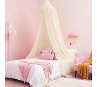 Mengesi Bed Canopy with Pom Pom- Lace Chiffon Canopy Bed Curtains, Ruffles Princess Reading Nook Play Tent for Girls Room (Ivory)