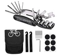 MengH-SHOP Bike Repair Tool Kit 16 in 1 Cycling Multifunctional Bicycle Fix Set with Storage Bag Includes 2 Tire Levers, 6 Patches, Metal Rasp and Extra Allen Wrench, Black, 9x11cm
