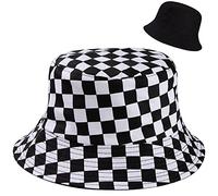 MengH-SHOP Bucket Hat Reversible Cotton Summer Cap Plaid Print Beach Fisherman Hat Foldable Unisex Sun Protective Hat for Hiking Camping Travel Fishing (56-58cm)
