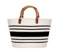 MengH-SHOP Tote Bag Summer Beach Bag Retro Handwoven Handbag with Imitation Bamboo Top Handle for Travel Beach Vacation, White & Black ZJSWTTB01_HBTW-MHKJ