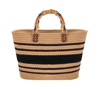 MengH-SHOP Tote Bag Summer Beach Bag Retro Handwoven Handbag with Imitation Bamboo Top Handle for Travel Beach Vacation, Khaki & Black