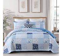 Menghomeus Blue Quilt Set King Boho Patchwork Bedspread Floral Coverlet Reversible Bed Quilt Set All Season Soft Microfiber Bedding Farmhouse Bed Sets, 104"x90"