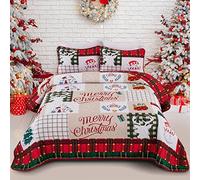 Menghomeus Christmas Quilt Set Queen Reversible Bedspread Coverlet Red Green Plaid Patchwork Quilt Set Xmas Tree Elk Holiday Bedding Set, 3 Pieces 1 Quilt 2 Pillow Shams