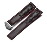MENGKEG Frosted Genuine Leather Watch Strap Compatible With Tag Heuer Carrera Diving Monaco F1 Series Breathable Watch Chain 22mm Men Watchband(Black red-silver)