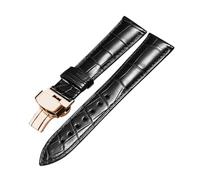 MENGKEG Genuine Crocodile Leather Watchband 14mm 16mm 18mm 19mm 20mm 21mm 22mm Watches Strap Coffee Black Butterfly Buckle Watch Band(Black rose clasp,22mm)