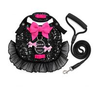 MengMengDa Cute Dog Harness Dress with Leash Set, Floral Lace Girl Puppy Harness with 3D Bowknot, Adjustable No-Choke Mesh Vest Clothes for Small Dogs Female, Yorkie, Maltese, Pomeranian(Pink, S)