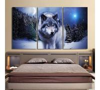MengMj 3 Piece Framed Canvas Wall Art, Snowy Mountain Forest Wolf, Moon Night，30×60 cm Modern Home Decor for Bedroom & Living Room