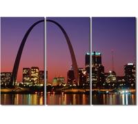 MengMj 3 Piece Framed Canvas Wall Art, St. Louis Arch Night View, Missouri City Landscape，30×60 cm Modern Home Decor for Bedroom & Living Room