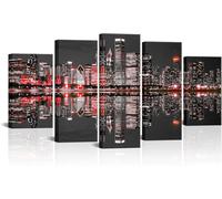 MengMj 5 Panel Wall Art Chicago Skyline Canvas Wall Art, Modern Black and Red City Night View The Picture For Home Modern Decoration Piece Wooden Frame Ready To Hang