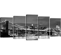 MengMj 5 Panel Wall Art New York Brooklyn Bridge Canvas Wall Art Night View The Picture For Home Modern Decoration Piece Wooden Frame Ready To Hang