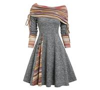 MENGQING Convertible Cinched Striped Flare Dress Foldover Off The Shoulder Knitted Dresses Women Long Sleeve-Light Gray0501,XL