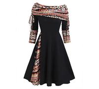 MENGQING Convertible Cinched Striped Flare Dress Foldover Off The Shoulder Knitted Dresses Women Long Sleeve-Multi0501,XXXL