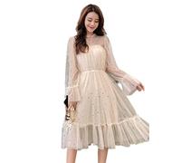 MENGQING New Korean Fashion Women Dress Ruffled Collar Flare Sleeve Mesh Dresses See-through Lace Shiny Sequined Femme Vestidos Robe-apricot,S