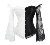 MENGQING Women Sexy Off-Shoulder Sleeves Lace Corset with Tulle Long Skirt Set Vintage Floral Burlesque Overbust Corset Bustier Dress-Half Black White,M