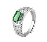 Mengsiy S925 Sterling Silver Inlaid Jade Ring for Men Natural Green Jade Square Gemstone Signet Ring Unique Handmade Ring