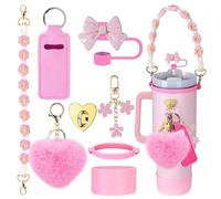 MENGSOOD 8PCS Cup Accessories for Stanley 40oz & 30oz Tumbler with Handle, Silicone Straw Topper, Water Bottle Strap, Heart Hook, Lipstick Bag, Keychain Charms (Pink)