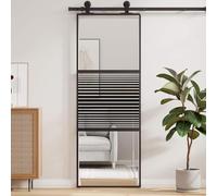 Mengtu Sliding Glass Door, Space-Saving Push Left and Right Mechanism 76 x 2 x 205 cm Aluminium Frame Striped Black Design for Living Room Partition