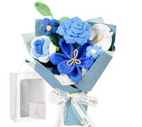 MengxFly Crochet Flower Bouquet Blue, Graduation Flowers Bouquet, Handmade Knitted Floral Gift for Her, with Gift Box, Bag and Card