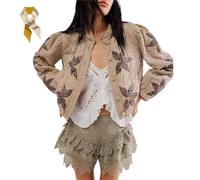 MENGYSM Women's Lightweight Floral Embroidered Cropped Quilted Jacket,Winter Warm Flower Print Button Down Outerwear Coat with Pocket