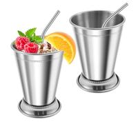 MENIBBLER 2Pcs Silver Mint Julep Cups with Bent Straws 12 oz Stainless Steel Drinking Cups Metal Cocktail Glasses for Beer Juice Beverage