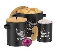 MENIBBLER 3Pcs Vegetable Storage Tin with Lid and Handle Stackable Potato Onion Garlic Jar with Ventilation Hole Cylindrical Kitchen Canister Food Container Sets for Home(black)