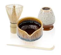 MENIBBLER 4 Pcs Matcha Whisk Set, Complete Matcha Tea Set, Includes Matcha Bowl with Mouth Matcha Whisk and Holder Bamboo Scoop Practical Matcha Whisk Set for Matcha Tea Lovers(Golden Autumn)