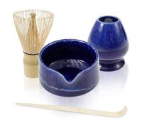 MENIBBLER 4 Pcs Matcha Whisk Set, Complete Matcha Tea Set, Includes Matcha Bowl with Mouth Matcha Whisk and Holder Bamboo Scoop Practical Matcha Whisk Set for Matcha Tea Lovers(Blue)
