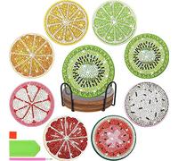 MENIBBLER 8Pcs Diamond Art Coasters Kits with Holder Fruit Diamond Painting Coasters Set Round Full Drill Diamonds Craft Supplies DIY Art Cup Tabletop Protection for Beginners Adults Kids