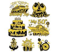 MENIFEND Cruise Door Decorations Magnetic - 7 Pcs 50th Birthday Cruise Door Magnets, Gold & Black Reusable Waterproof Magnet Stickers Decor for Ship Cabin Door Carnival Fridge Celebration Party
