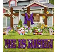 Menkxi 14 Pcs Easter Yard Signs - Religious He Is Risen Easter Yard Decor with Stakes - Spring Cross Sign for Lawn Pathway Garden Christian Holiday Party Decor - Plastic, 27.56 x 15.75 inches
