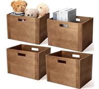 Menkxi 4 Pcs Stackable Wood Storage Cube for Shelves Closet Wooden Bins Box Wood Crates Storage Baskets Container for Toy Books Clothes Home Office, Dark Brown(14 x 10 x 10 Inch)