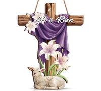 Menkxi Easter Door Sign He is Risen Hanging Decor Religious Cross Sign Easter Wreaths for Front Door Outside Christian Flowers Hanging Hanger for Farmhouse Front Porch Wall Decor(Cross)