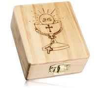 Menkxi First Communion Wood Keepsake Box 2.8 x 3.2 x 1.4 Inch Decorative Prayer Small Wood Box Rosary Case Cross Rosary Holder 1st Holy Communion Gift for Rosary Beads Jewelry Keepsake Mementos