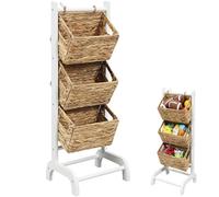 Menkxi Wicker 3 Tier Foldable Storage Basket Floor Rack with Market Basket for Bathroom Kitchen Laundry Room Living Room (White)