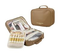 MENRU Travel Makeup Bag Large Capacity Cosmetic Organizer Waterproof Leather Toiletry Bag with Brush Holder and Handle Portable Cosmetic Storage Bag for Women Girls Gift, Brown