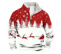 Mens 1/4 Zip Christmas Sweatshirt Funny Reindeer 3D Printed Fleece Lined Pullover Xmas Warm Cosy Sweater Casual Novelty V Neck Jumper Festive Sweatshirts Red