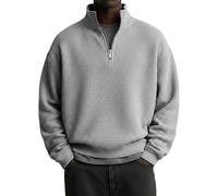 Mens 1/4 Zip Fleece Lined Sweatshirt Winter Waffle Ribbed Pullover Vintage Work Long Sleeve Tracksuit Tops Casual Turtleneck Sweaters Solid Loose Spring Autumn Sweatshirts Grey