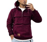 Men's 1/4 Zip Hoodie Cargo Work Jumper with Multi Pockets Vintage Pullover Retro Solid Fleece Pullover Long Sleeve Sweatshirt with Fleece Transition Jacket Winter, T2 red, XL