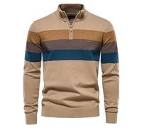 Men's 1/4 Zip Jumper, Men Striped Sweaters, Knit Long Sleeve Jumpers, Turtleneck Knitted Pullover Sweater Casual Work Golf Sweater Slim Fit Polo Jumpers Winter Warm Sweater Top Khaki