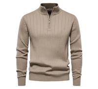 Men's 1/4 Zip Pullover Sweater Knitted Long Sleeve Solid Mock Neck Cotton Jumpers Tops Khaki EUR XL 90-100kg