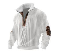 Mens 1/4 Zip Sweatshirt Stand Collar Knit Stripe Printed Jumper Long Sleeve Sweater Winter Fleecethermal Workwear Sweatshirts Jumpers (3-White, XXXXXL)