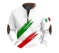 Mens 1/4 Zip Sweatshirt, Vintage Italy Flag Graphic Sweatshirt Casual Trendy Hoodie Loose Activewear Long Sleeved Slim Fit Outerwear Cotton Fleece Hoodless Sportswear With Elbow Patches White