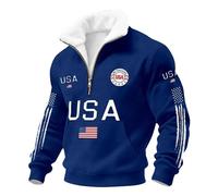 Men's 1/4 Zip Sweatshirts 250th Anniversary USA Flag Graphic Pullover Tops Long Sleeve Standing Collar Shirts Casual American Patriotic Outfit Loose Comfy Tops (Blue, S)