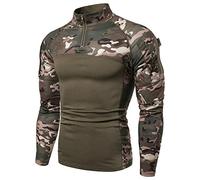 Men's 1/4 Zip Tactical Long Sleeve Shirt Military Style Combat Shirt with Pockets Airsoft Top Outdoor Clothing for Hunting Camping Hiking Green Camo XL