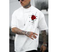 Men's 100% Cotton Retro Geometric Rose Print Loose Fit Streetwear Tee with Black & Red Vintage Floral Design T Shirt