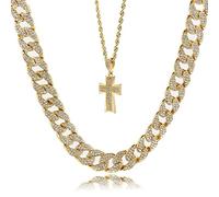 Mens 14k Gold Plated Dome Cross Pendant Hip Hop 24" Rope & 30" Cuban Chain