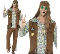 Mens 1960s Hippie Costume Psychedelic 70s Hippy Fancy Dress Outfit New M-XL