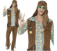 Mens 1960s Hippie Costume Psychedelic 70s Hippy Fancy Dress Outfit New M-XL