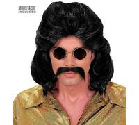 Mens 1970s Black Wig & Moustache Set 70s Disco Retro Fancy Dress Accessory
